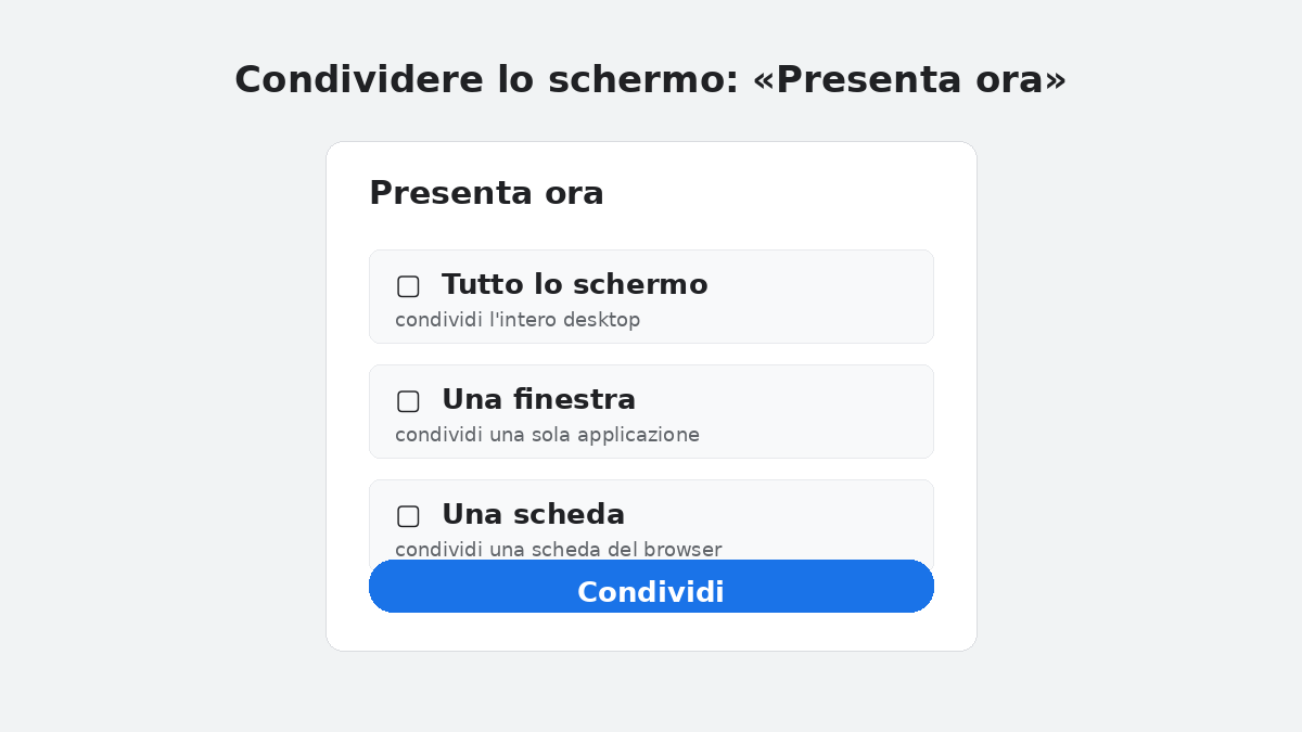 Guida per i docenti: tenere un corso con Google Meet 1 Condividere lo schermo con «Presenta ora»
