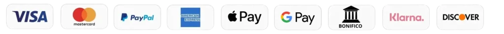 Pagamenti accettati: Bonifico bancario, Carte di credito, PayPal, Klarna, Apple Pay, Google Pay